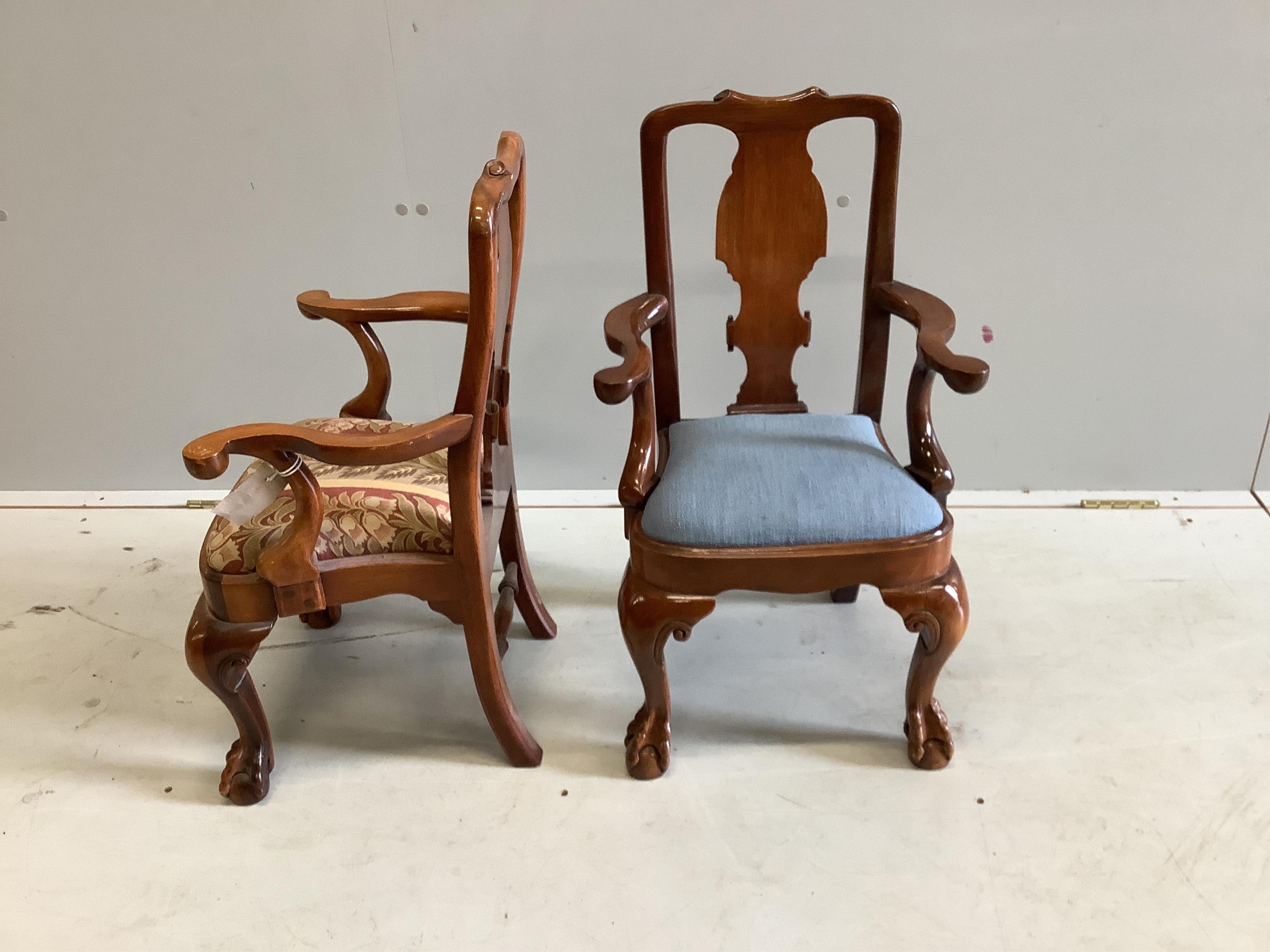 A pair of Queen Anne style miniature walnut elbow chairs, width 41cm, depth 30cm, height 65cm. Condition - good
